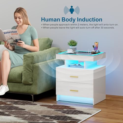 Smart LED Nightstand Set of 2 - with - Modern Night Stand with Wireless Charging Station, Glass Top Bedside Table with Drawers for Bedroom, Glossy End Table with Human Body Induction (White) - color: White X2 2 Drawers-glass Top