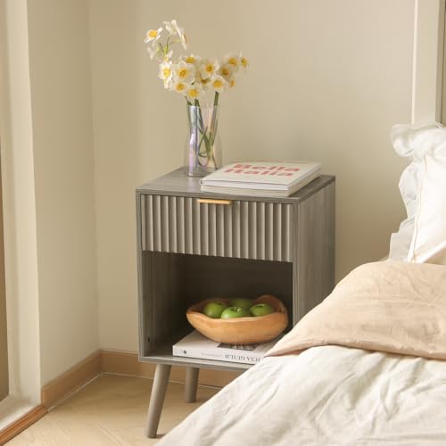 Fultyle Mid Century Modern Nightstand, Wood Bedside Table with Drawer and Opening Storage, End Table Living Room Fluted Night Stand with Solid Wood Legs for Bedroom (Grey) - color: Grey