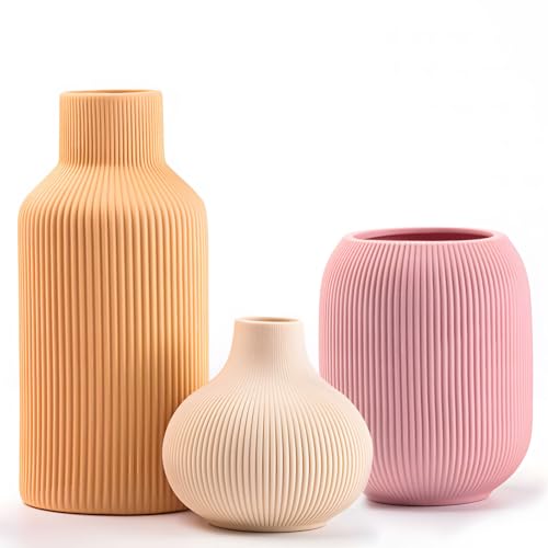 Ceramic Vase Set of 3, Vases Home Decor Modern Minimalist Decor Pottery Boho Vases for Pampas Grass Dried Fresh Flowers, Bookshelf, Shelf, Bedroom, Entryway Mantel Decor(Pink+Light Yellow+Orange) - color: Multicolor