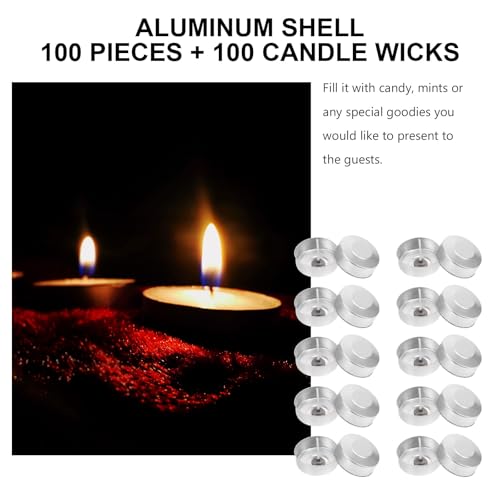 DOITOOL 100 Pcs Aluminum Tea Lights Cups, Round Empty Case Candle Wax Containers Candleholder, Metal Tea Light Tins with 100 Pcs Candle Wicks for Christmas Wedding Holiday Table Decoration