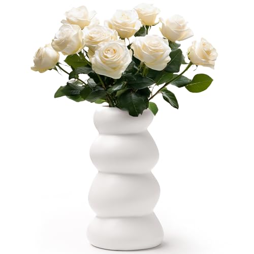 BosilunLife Ceramic Vase with Stacked Bubble Design – Boho Modern Sculptural Flower Vase for Home Decor, Shelf or Table Centerpiece (White) - color: White