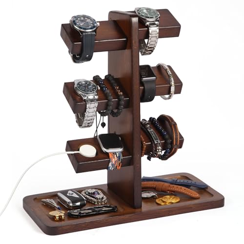 Watch Stand for Men, Watch Display Stand with Charger Groove, Wooden Watch Holder Stand, Jewelry Holder Organizer for Rings, Jewelry, Coins Bracelets, Great Gifts for Men Women, Brown - color: Brown