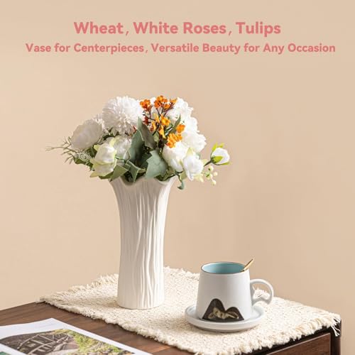 White Ceramic Vase with Ruffled Rim & Vertical Fluted Texture - 8.5" Unique Flower Vase for Pampas Grass & Centerpieces, Decorative Boho/Farmhouse Vase for Living Room, Office & Gift for Her/Yourself - color: Ruffled & Fluted