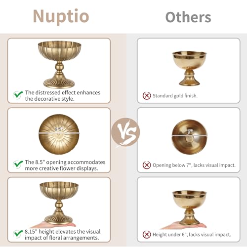 NUPTIO Gold Compote Vase for Centerpiece: 7.95" Tall Pedestal Footed Bowl for Flowers - Distressed Brass Urn for Wedding Table Decorative Set of 2 - size: 8.15"H - 2pcs