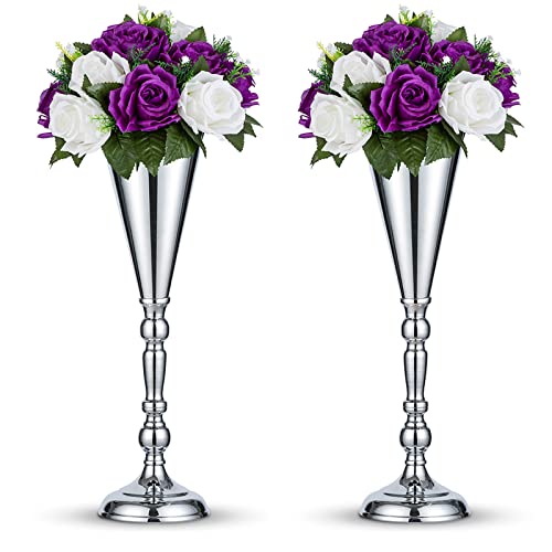 2 Pcs Tabletop Silver Metal Wedding Flower Trumpet Vase, 16.5 inch Table Decorative Centerpiece Artificial Flower Arrangements for Anniversary Ceremony Party Birthday Event Aisle Home Decoration - color: Silver, size: 16.5 inch x 2 Pcs