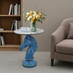 Modern Accent Table Living Room Horse Statue Blue and White Contemporary‌ Faux Marble Night Stand Side Table with Horse Head Base Reception Area & Bedroom（Width 19.69" ——Tall 24.8"） - style: Blue white horse head table