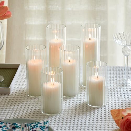 Set of 6 White Pillar Candles with Clear Glass Hurricane Holders- Elegant Cylinder Candle Vases for Weddings, Parties, Centerpieces, Home & Office Decor (White, 6 Set-Vase) - color: White, size: 6 SET-Vase