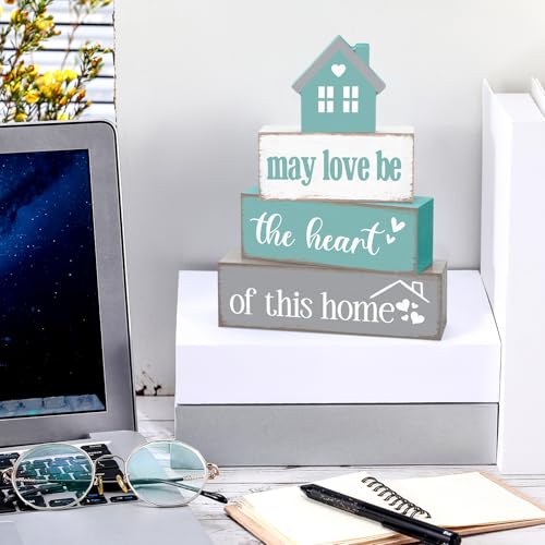 Cinnvoice 4 Pcs Farmhouse Tabletop Decor Rustic Family Blessed Home Table Centerpiece This Is Us Sign for Kitchen Shelf Desk Fireplace Mantel Tiered Tray Decor(May Love Be the Heart of This Home) - style: May Love Be the Heart of This Home