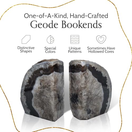 Nature's Decorations A Quality Black Agate Geode Bookends - Heavy Duty with Non-Skid Rubber Bumpers for Shelves, Office, Home Decor - Cool Crystal Stone (1 Pair 3-4 LB) - color: Black, size: A Grade 3 - 4 Lbs
