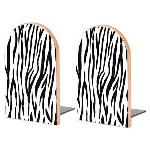 Wooden Bookends 2 Pcs,Black and White Zebra Animal Print Heavy Duty Office Book Ends Anti Slip Book Shelf Holder with Metal Base Decorative Book Stands - color: Black and White Zebra Animal Print