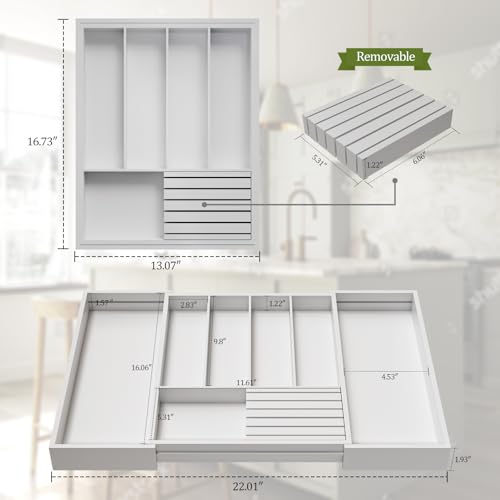 Bamboo Kitchen Silverware Drawer Organizer - Expandable Wood Utensil Holder with Dividers, Luxury Cutlery Storage Tray for Kitchen Utensil and Flatware (5-7 Slots with Removable Knife Block, (White) - color: White