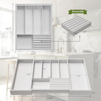 Bamboo Kitchen Silverware Drawer Organizer - Expandable Wood Utensil Holder with Dividers, Luxury Cutlery Storage Tray for Kitchen Utensil and Flatware (5-7 Slots with Removable Knife Block, (White) - color: White