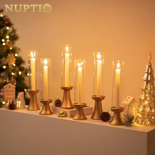 NUPTIO Gold Candlestick Holder for Centerpiece: Set of 6 Hurricane Taper Candle Holders with Glass Cylinder Sleeve - Bulk Brass Candles Stand for Thanksgiving Christmas Holiday Party Decor