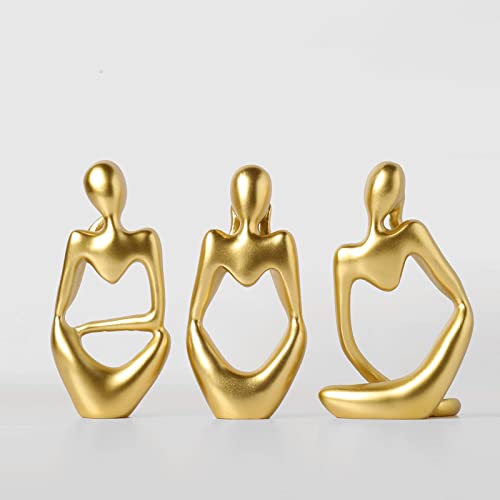 BrownLove 3pcs Golden Decor Thinker Statue Abstract Art Sculpture，Resin Collectible Figurines for Home Living Room Office Shelf Decoration - color: Golden