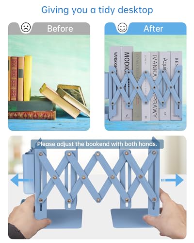Honagu Adjustable Bookends, Metal Book Ends for Shelves Heavy Book, Bookend for Home, Office, Books, Papers, Book Stopper with Removable Hook, Pen Holder, Gifts for Students, Teachers（Dark Blue） - color: Dark Blue