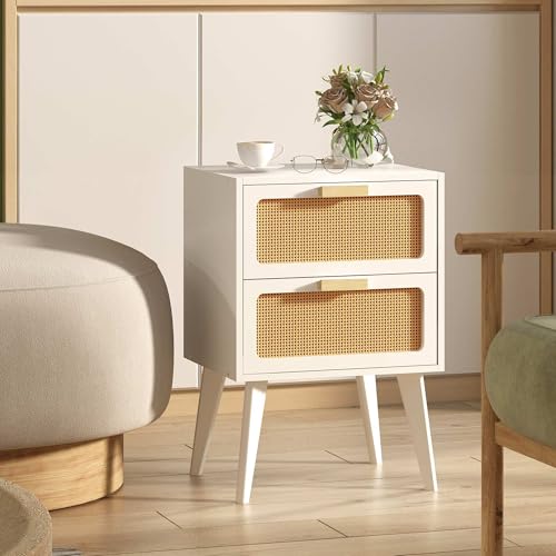 YAUKOMEL White Nightstand, Wood End Table, Side Table with 2 Hand Made Rattan Decorated Drawers,Boho Bedside Table,Wood Accent Table with Storage for Livingroom, Bedroom, White CTG59W - color: White, style: Rattan Style