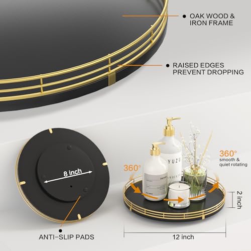 12" Oak Wood Lazy Susan Organizer, Lazy Susan for Cabinet Dining Table Pantry Wood Turntable Organizer Tray for Coffee Table Kitchen Countertop Spinning Spice Can Organization and Storage Round Gold - color: Gold Black, size: 12