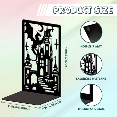 Peacoblue Metal Bookends for Shelves, Modern Decorative Heavy Duty Study Book Ends Stoppers for Office, Desk, Shelf, Room 5.3"x4.3"x7.9" Cast Iron Simple Tall Bookends 1 Pair (Dragon Castle) - style: Dragon and Castle