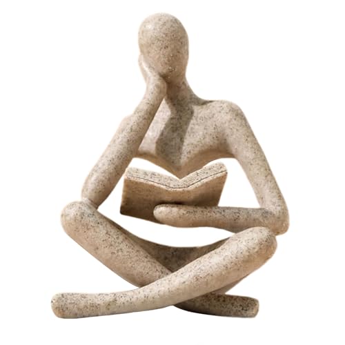 Bookshelf Decor Thinker Statue - Abstract Art Reading Thinker Sculpture Figurine Aesthetic, Modern Home Decoration for Living Room Office Shelves Coffee Table Desk Decor(Beige)