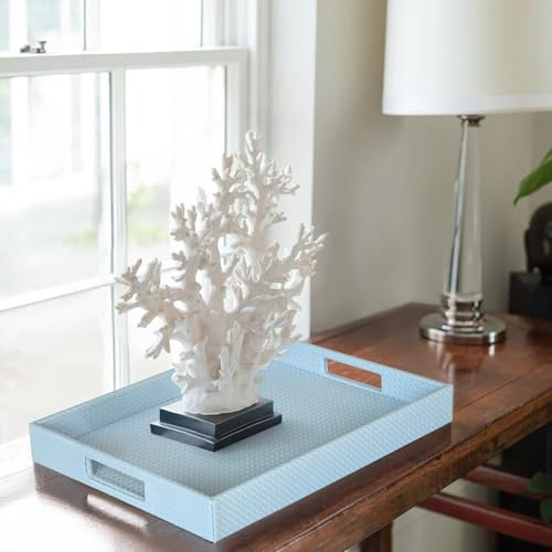 HofferRuffer Rectangle Serving Tray with Hole Handles for Coffee Table, Breakfast, Tea, Food, Butler - Countertop, Kitchen, Vanity Serve Tray, 16.2 x 12.2 x 2 inches, Faux Leather (LightBlue) - color: Lightblue, size: 16.2" x 12.2" x 2"
