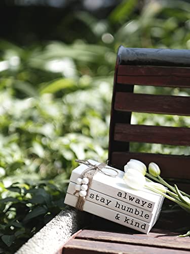 Lavender Inspired Farmhouse Book Decor-Always Stay Humble and Kind Sign-Book Shelf Decor-3 Pieces Faux Wooden Book Stack for Coffee Table Decor-Living Room Decor-Fireplace mantle table decor - color: Always Stay Humble and Kind