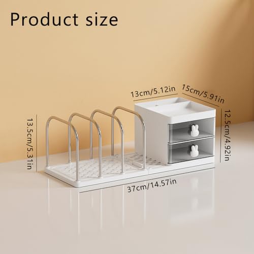 Desk Organizer with Bookends, Desktop Storage Box with 2 Drawers 3 Top Compartments and 4 Bookends, Multi-Functional Desk Accessories Organizer for Home Office School Supplies (White)