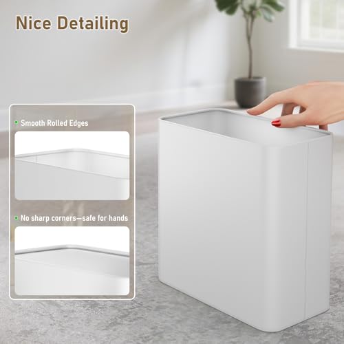 Small Bathroom Trash Can 2.4 Gallon Wastebasket Slim Metal Garbage Can Stainless Steel Trash Bin for Bedroom,Office,Kitchen,Toilet, rv, Near Desk, Under Sink (White) - color: White