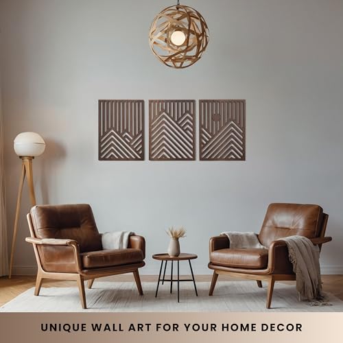 qmmp Modern Wooden Wall Sculptures - Set of 3 - Home Decor Accent - Large Wall Art for Living Room, Bedroom, Office - Easy Installation (Walnut, Medium - Mountain and Sun) - color: Walnut, size: Medium - Mountain and Sun