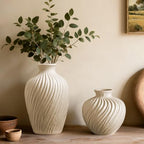 White Ceramic Vase Set of 2 - Modern Flower Vases for Home Decor - Rustic Textured White Vase for Living Room Decor - 8.65×5.5 & 5.5×5.5 Inch Round Vases for Dining Table Centerpiece Decoration