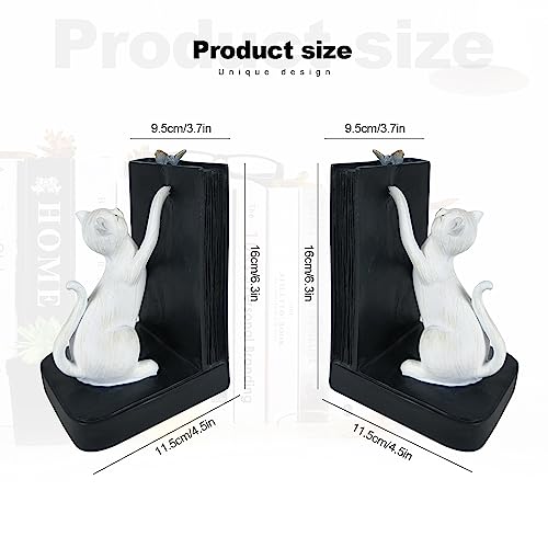 LIFFY Cat Decorative Bookends Decor Unique - Heavy Duty Book Holder, Modern Living Room Decor, Non Skid Bookshelf Stopper, Cute Book Ends for Shelves, Study, Office Desk, Vintage Decor - color: White Cat
