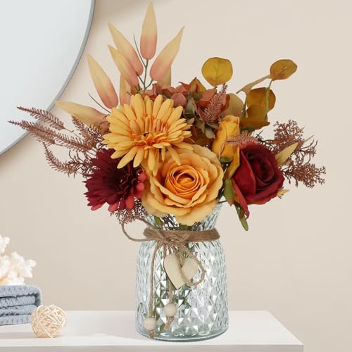 Leftover Fake Fall Flowers in Vase - Fall Floral Arrangement, Table Decor & Centerpieces for Kitchen & Coffee Table - color: Fall Orange