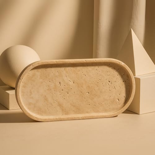 Natural Travertine Oval Bathroom Vanity Tray – 12”x6” Stone Tray for Countertop, Perfume & Jewelry Display | Solid 2cm Thick, Authentic Turkish Travertine - color: Travertine