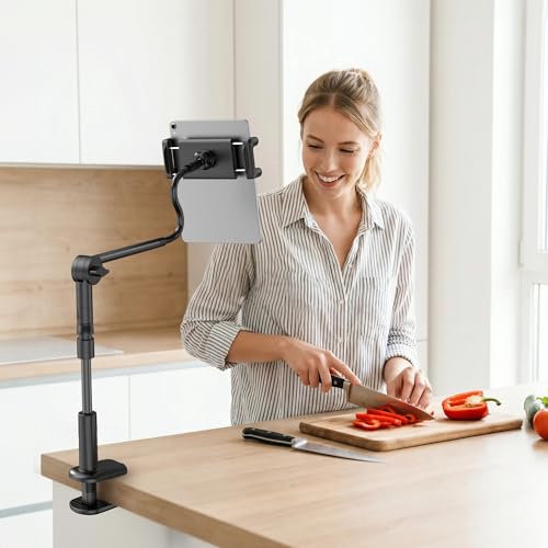 PlusAcc for Tablet Holder with Remote Page Turner – Gooseneck Stand for Reading in Bed, Hands-Free Desk Bedside Stand, Lazy Arm with Clicker Compatible with iPad, Tablets 4-11 Inches, Smartphones