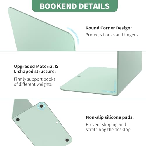 Book Ends, 2 Pieces Metal Bookend for Shelves, Bookends for Heavy Books, Book Holders for Shelves, Desk Organizers, Book Dividers for Office, School, Bookstore, Home - color: E-green-smooth Surface, size: 2 Pieces