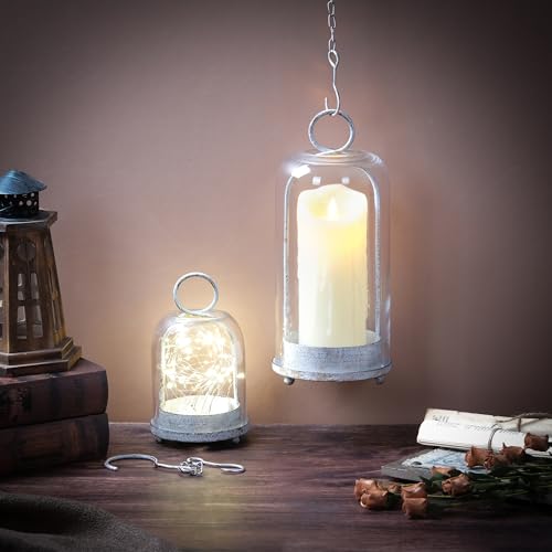 6" & 4" Wide Versatile Modern Metal Hurricane Lantern with Handmade Sturdy Glass Dome in Vintage White for Pillar Candle & Plants, Industrial, Farmhouse, Shabby Chic - color: White Shabby, size: 4"x7.5" & 6.3"x11.2"
