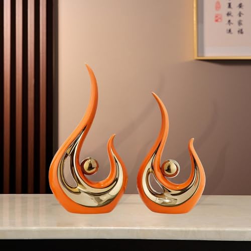 Set of 2 Abstract Statues, Modern Resin Sculptures, Handcrafted Figurines for Living Room and Library, Orange Golden