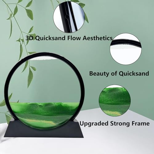 Moving Sand Art Liquid Motion, 3D Deep Sea Sandscape Color Quicksand Decor, Round Glass Moving Sand Art Picture Relaxing Desktop Home Office Work Decor (12 inch-Green) - color: Green, size: 12 Inch