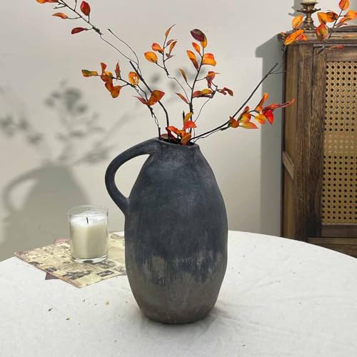 Ceramic Rustic Farmhouse Vase with Handle, 10.3 Inch Large Vintage Vase for Home Decor, Handmade Ceramic Flower Vases for Living Room, Kitchen, Office Farmhouse Centerpiece, Black - color: Black