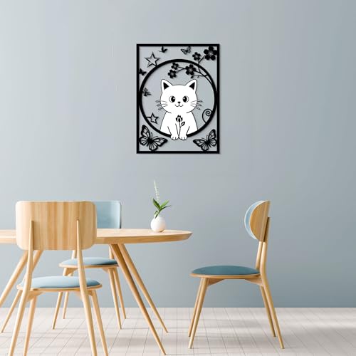 GlintHome Large Metal Wall Art - Cat Decor Flower and Butterflies Wall Sculptures for Bathroom Bedroom Living Room Kitchen Office Garden Home Wall Decoration - color: Black-1, size: Large