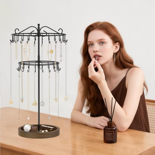 iDavosic.ly 2 Tier Rotating Necklace Holder Organizer with Wooden Jewelry Tray, Adjustable Metal Bracelet Display Stand with 42 Hooks, Extra Tall Keychain Spinning Tree Tower for Women, Black - color: Black with Wooden Tray