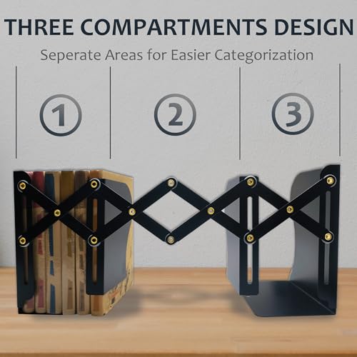 Metal Bookends, Book Ends for Heavy Books, Adjustable Book Holder for Shelves, Book Stopper for Home/School/Office, Extends up to 19 inches, Black - color: Black-new
