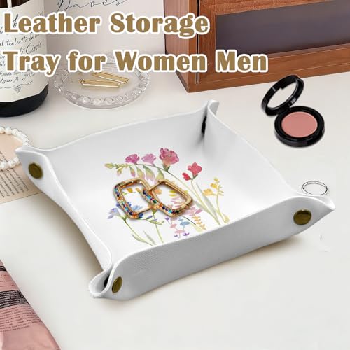 Floral Leather Jewelry Valet Tray, Watercolor Flower Botanical PU Leather Catchall Beside Caddy Nightstand Organizer Tray for Jewelry Rings Watches Keys and Accessories, 7.8x7.8inch