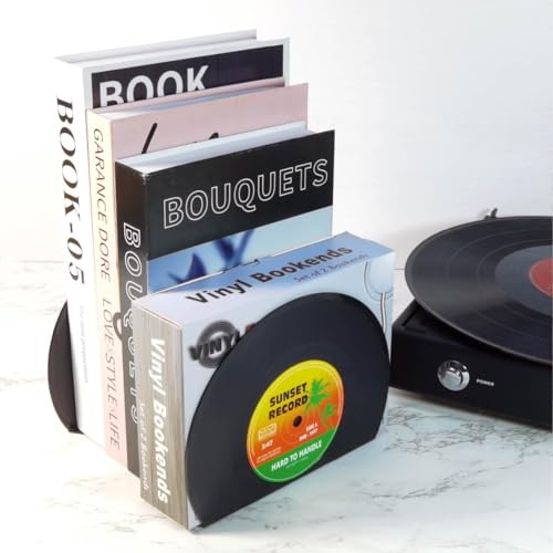 Modern Bookends for Shelves, Retro Vinyl Record Design Bookends Decorative Bookends for Vintage Lovers, Music Lovers Decorative Book Stopper for Home (1 Pair (Black) - color: Black
