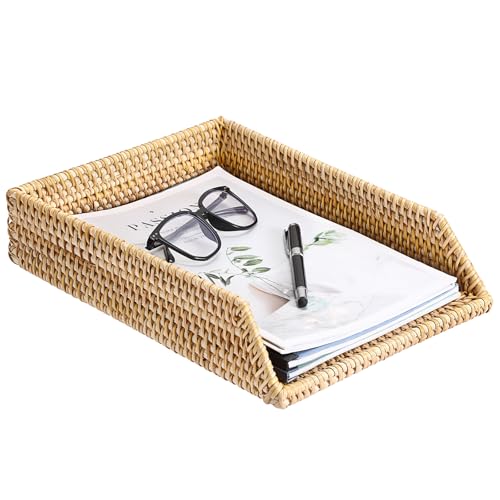 BTSKY Rattan Letter Tray for A4 File Desk Mail Letter Letter-Size Paper, Basket Woven Organizer, Office Document Organizer and Storage, Desk File Organizer Paper Tray, Paper Holder 13x10.3x2.8 Inch