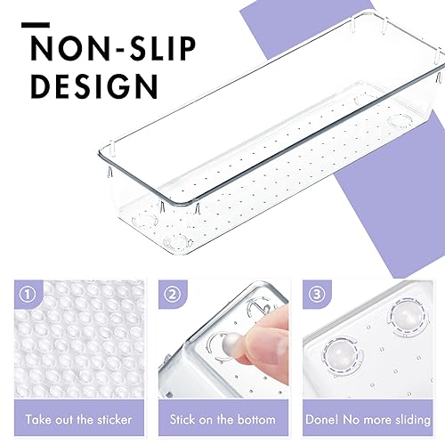 HOUSE DAY Desk Drawer Organizer Bins 4 PCS, 9*3*2" Clear Drawer Organizers with Silicone Pads, Vanity Organizers and Storage, Non Slip Plastic Drawer Organizer for Makeup, Bathroom, Kitchen, Office - size: 4 Pack -9x3x2''