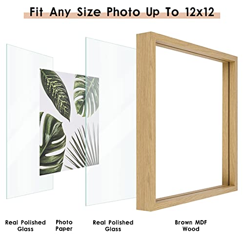 MUYE 12x12 Floating Frame Set of 2,Double Glass Rustic Square Photo Frame,Display Any Size Photo up to 12x12,Wall Mount or Tabletop Standing Natural - color: Natural, size: 12x12