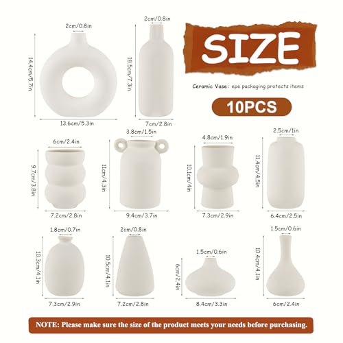 Small White Ceramic Vase Set of 10 Ceramic Bud Vases in Bulk Modern Farmhouse Boho VaseS for Pampas Grass, Flowers, Decorative Ceramic White Flower Vases for Home Decor, Entryway Table Decor