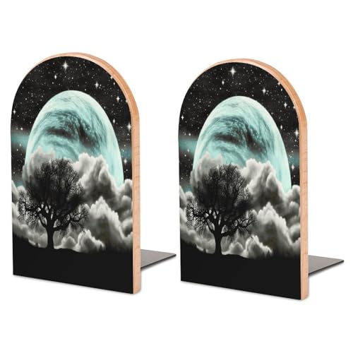 Starry Night Black Tree Art Bookends Heavy Duty,Book Organizer for Shelves, Holder Stand Decorative, Stoppers for Books, CD, File, Video Gamesbook Stand，6.7 X 4.7 X 3.9 Inch(Large)