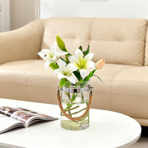 Barrel-Shaped 8.46" Large Mouth Clear Glass Vase with Hemp Rope Handle - Ideal for Floral Arrangements, Bouquets, Floating Tealights, Home Display & Holiday Decor - color: Clear, size: 06
