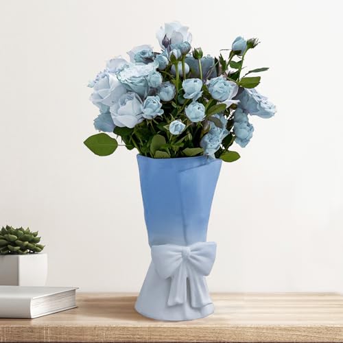 Relexome Gradient Blue White Ceramic Bow Vase 9.64 in Unique Cute Modern Decorative Bouquet Flower Vases for Home Living Room Table Decor Women Girl Gifts - color: Matte Blue White